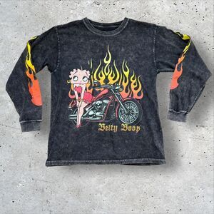 Betty Boop Motorcycle Flames Long Sleeve Black Distressed Size M Mexico